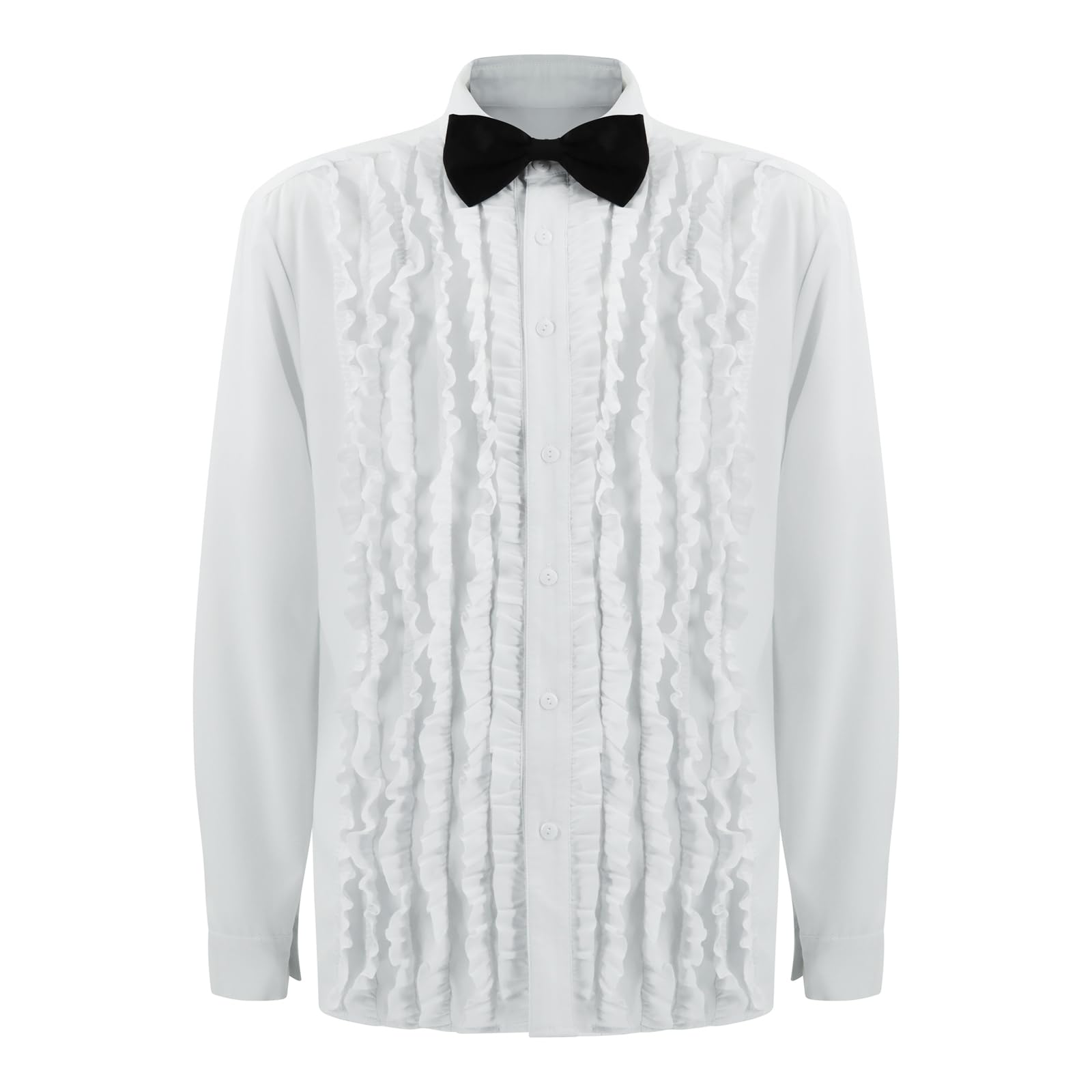 Voslett Mens 70s 80s Costume Tuxedo Dress Shirt Prom Ruffle Shirts Bowtie Long Sleeve Carnival Halloween Party Outfit White XL