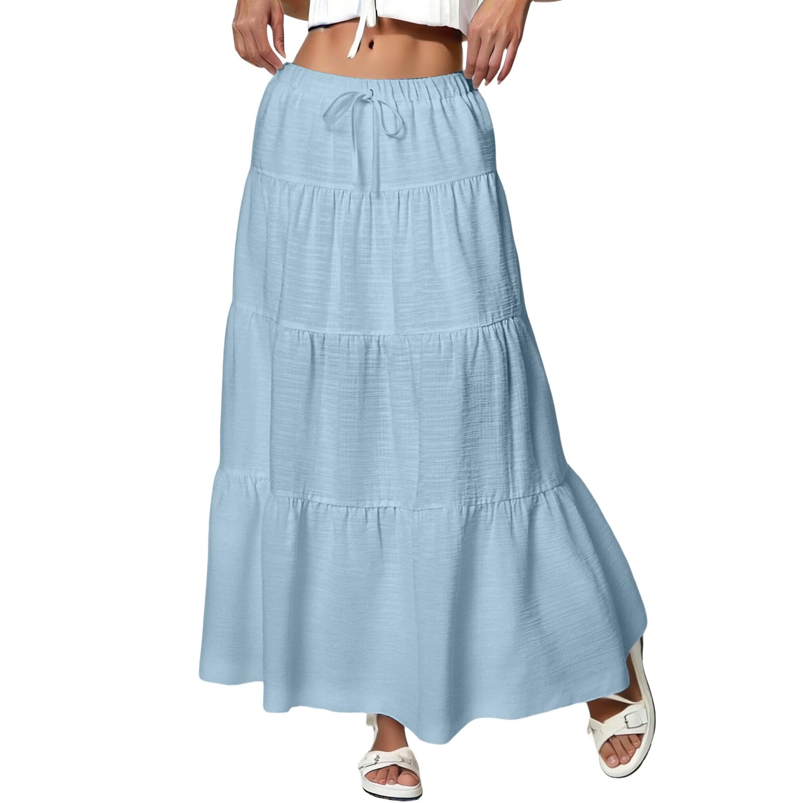 eoeioa Boho Maxi Skirts for Women Trendy Tiered Ruffle A Line Skirt Loose Drawstring Plain Vacation Beach Long