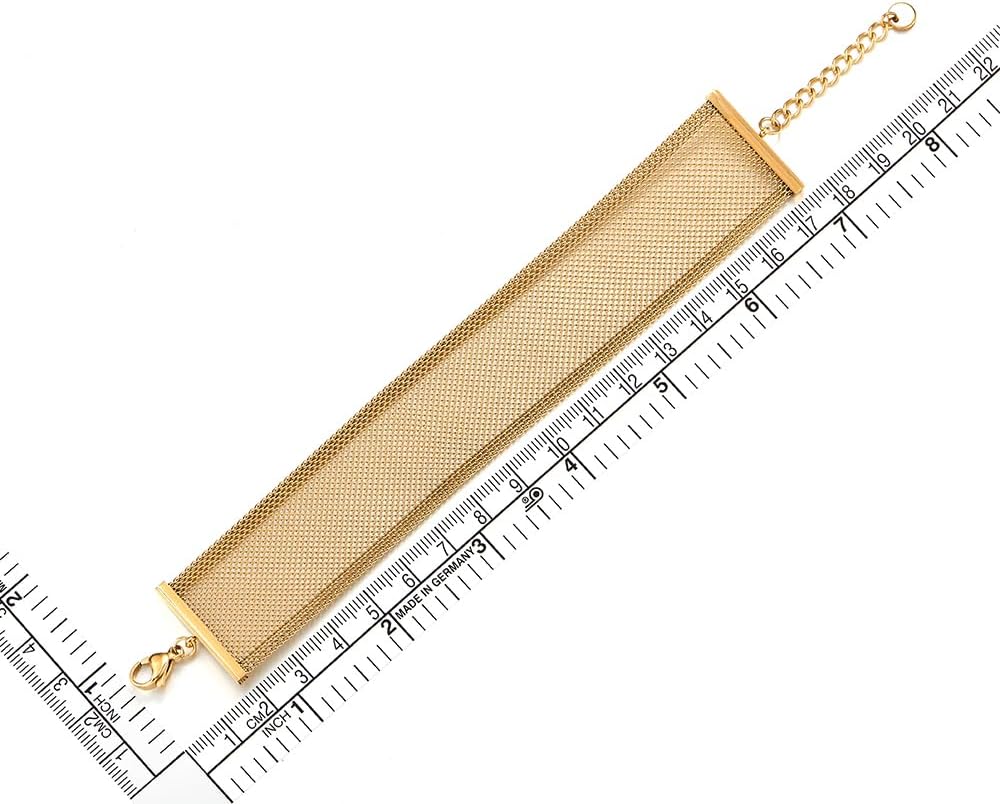 COOLSTEELANDBEYOND Wide Gold-Tone Mesh Cuff Bracelet Steel, Adjustable Chain Link, Modern Minimalist Statement Jewelry
