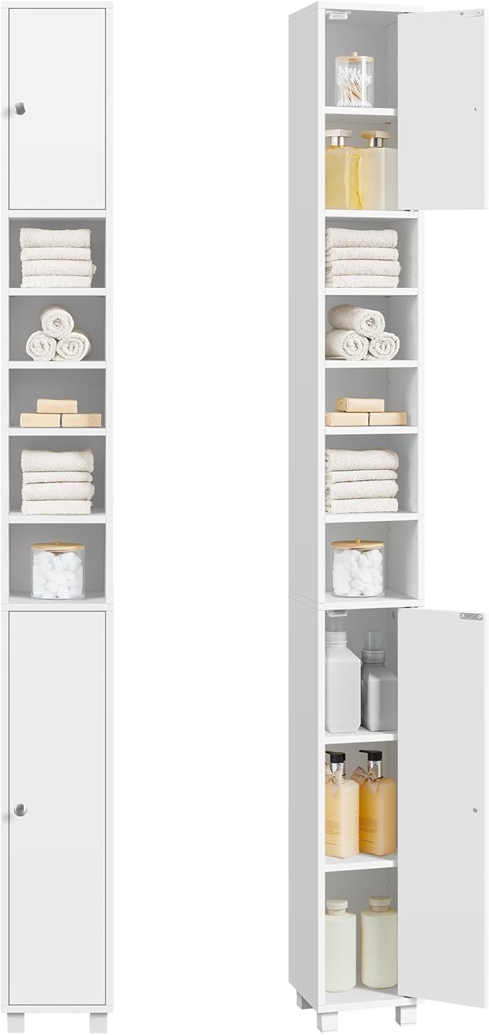 Yaheetech Mueble Columna de Baño Estrecho, Estanterías con 2 Puertas, Estantes Ajustables Espacio Abierto, Mueble Auxiliar de Almacenaje para Salón Dormitorio, 20x20x180cm, Blanco