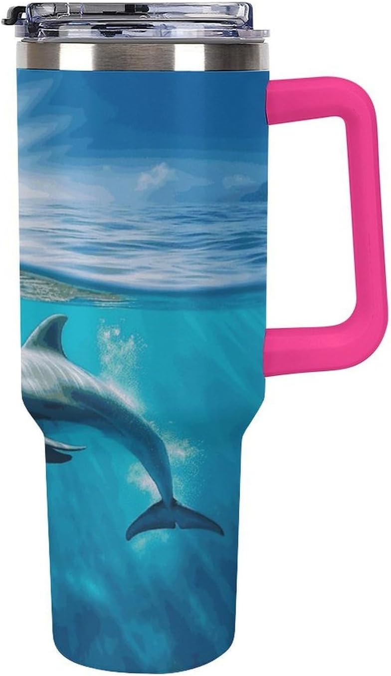 40 Oz Insulated Mug with Handle, Stainless Steel Swimming Dolphin in Blue Sea Printed Travel Mug Portable Leak-proof Large Car Mug for Home, Office Or Car