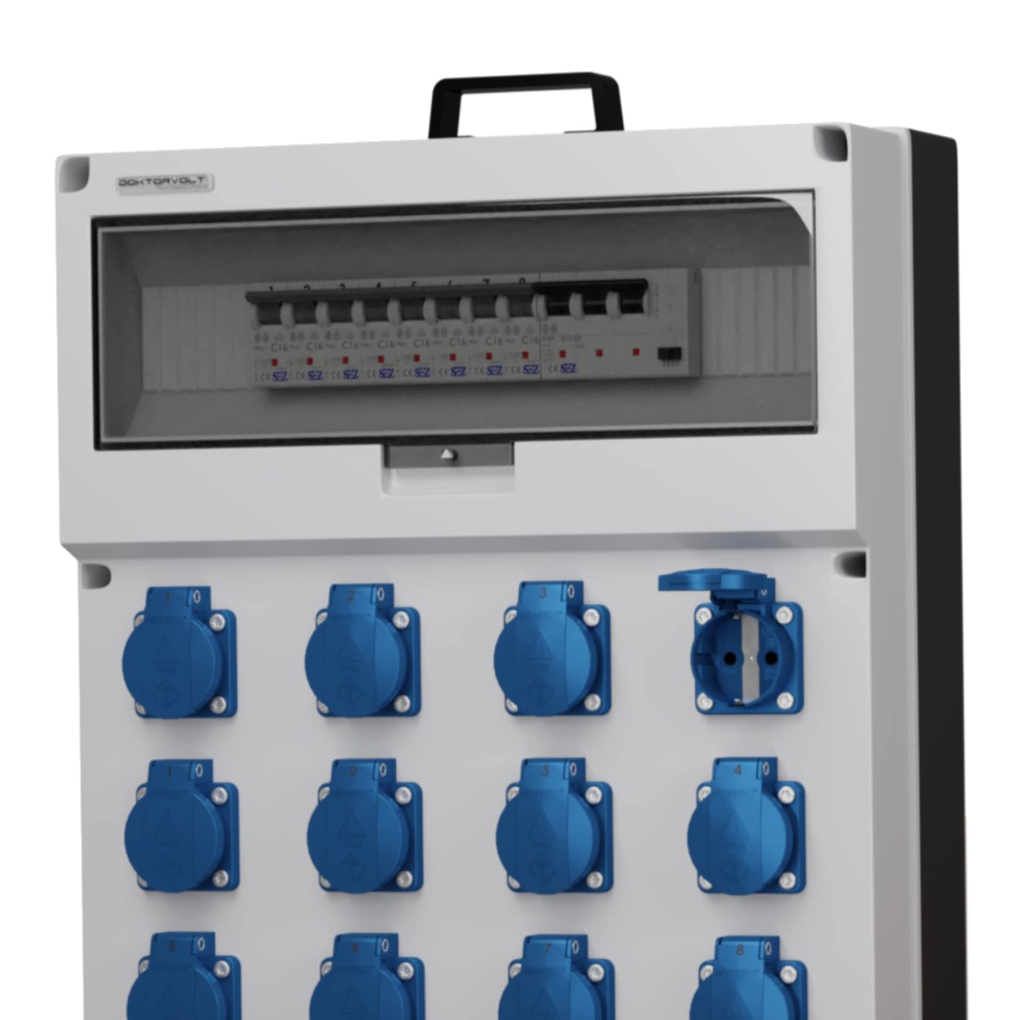 Dokorvolt Stromverteiler mit Steckdosen 16x 230V Schuko, 8x LS-Schalter C16A VDE, 1x RCCB FI-Schalter 40A, Kabel mit CEE Stecker 32A Baustromverteiler Wandverteiler komplett verdrahtet IP44
