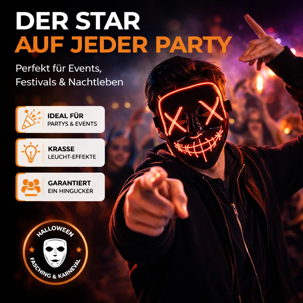 FASCHINFEVER Maska czyszcząca LED – maska kostiumowa sterowana na Halloween, karnawał i karnawał, jako kostium dla mężczyzn i kobiet (wybór koloru)