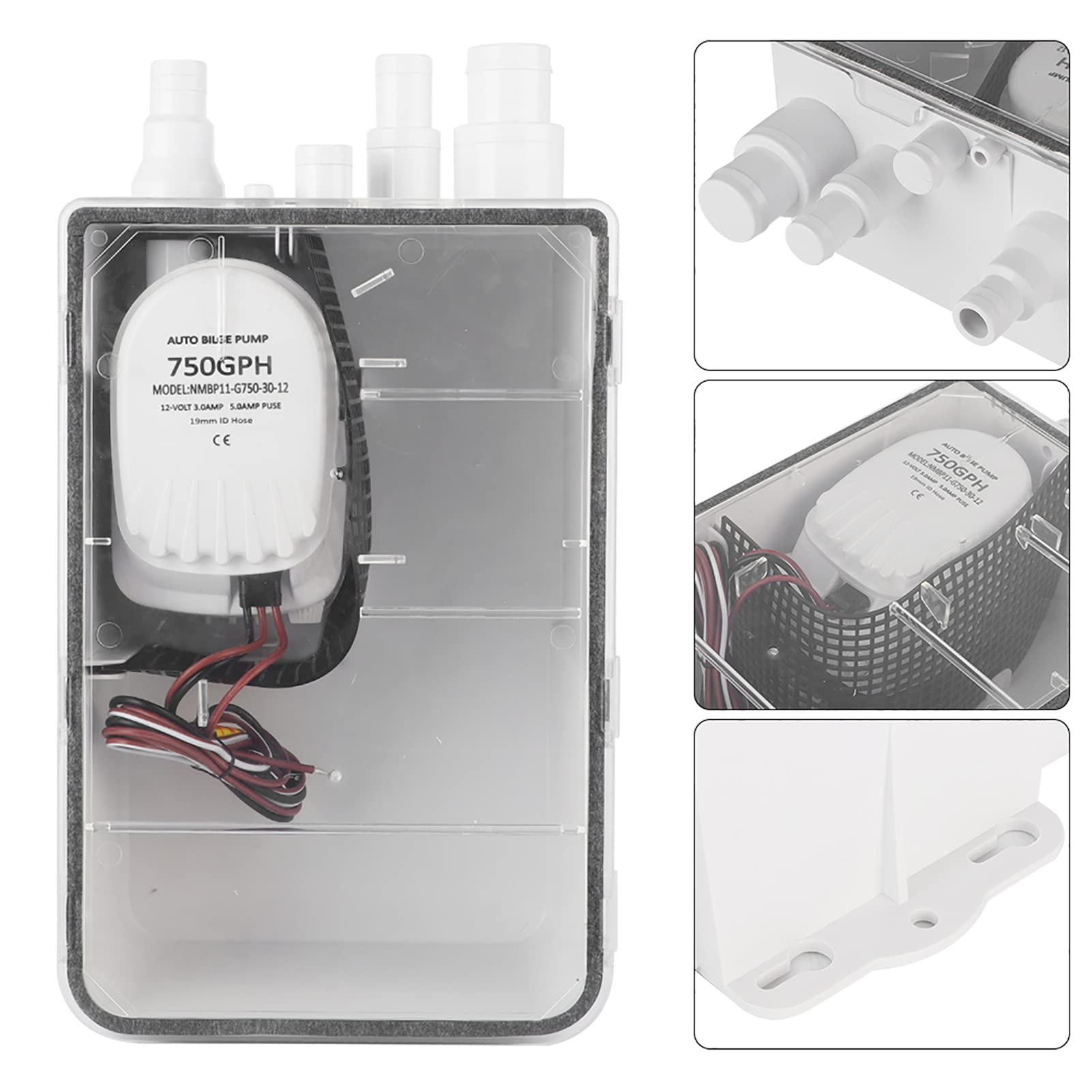 Jelquix 750GPH Shower Sump Pump with Automatic Float Switch for Marine Boat and Yacht, Multi Inlet Ports, 12V/24V, ABS Construction (12V)