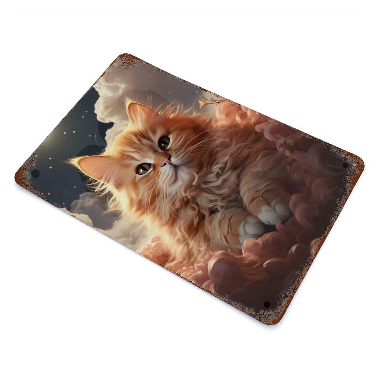 Decorative Tin Sign with Kitten On Fluffy Clouds Design 11.8"x7.9", for Basement, Hobby Room And Garage Decor, Rustic Home Decor