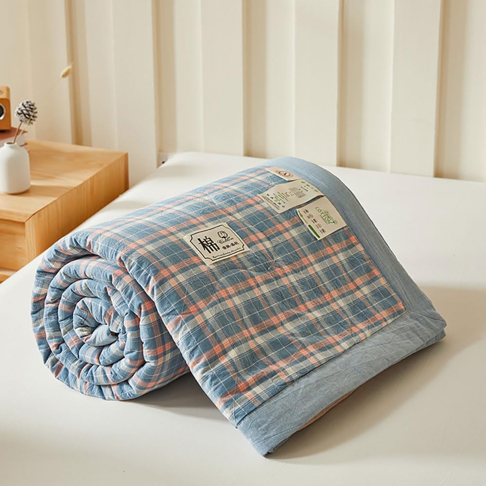 DOTBUY-SHOP Quilted Bedspreads, Check Quilt Bed Throws Cotton Filling Duvet Super King Single Double Size Children's Bed Quilted Throw for All Season (Blue-Pink,150x200cm)