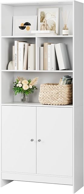 FOREHILL Bookcase Tall Display Storage Cabinet with Open Shelves and 2 Doors Wooden Book Shelving Unit Freestanding Cupboard for Home Office 70×29.5×167cm