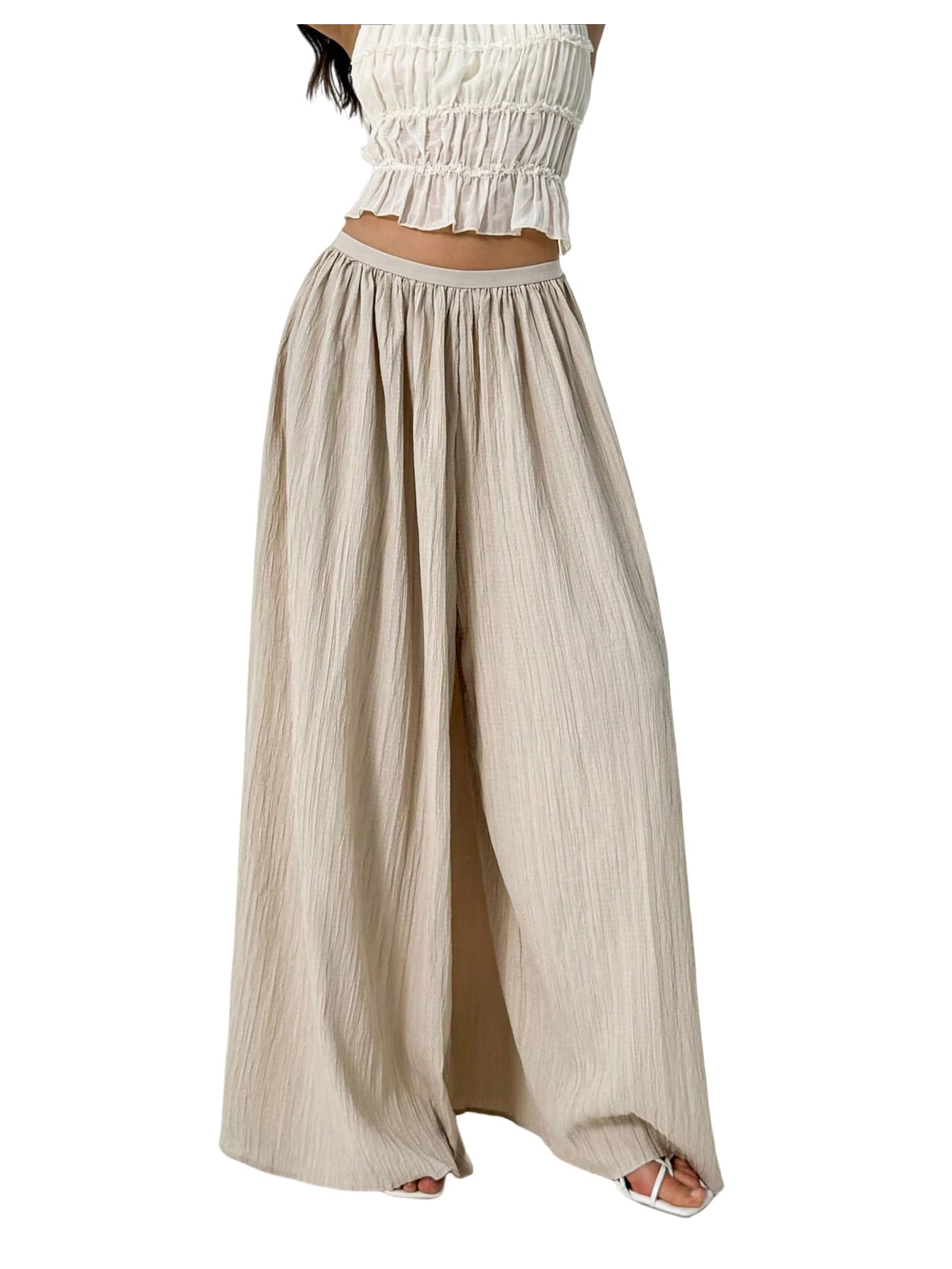 SHENHE Womens Wide Leg Palazzo Pants High Waist Textured Flowy Pants Travel Vacation Trousers