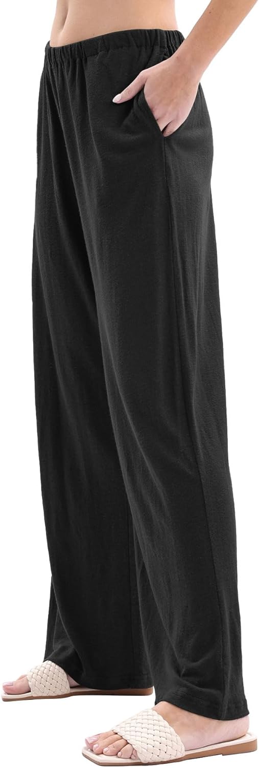 Amazhiyu Womens Linen Knit High Waist Elastic Wide Leg Lounge Pants with Pockets - Image 2