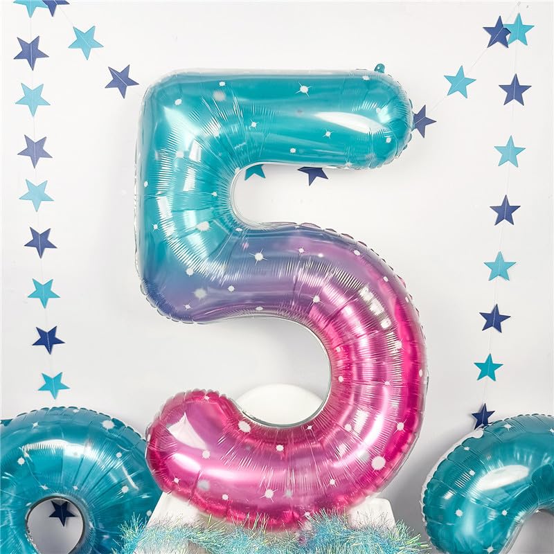Image of Mermaid Starry 5 Balloons, 40 Inch Giant Teal Blue Purple Mylar Foil Number 0-9 Helium Balloon for Girls, Self Inflating Rainbow 5th Birthday Balloon for Women Anniversary Party Decorations Supplies