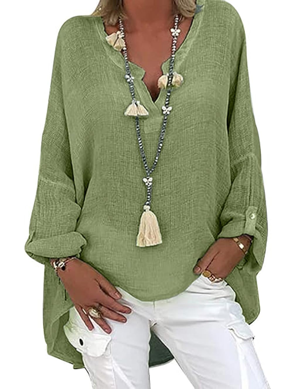 Leinenbluse Damen Musselin Bluse Sommer Blusen Tuniken für Damen Longbluse Hemdbluse Oversize Tunika V-Ausschnitt Große Größen Leinenhemd Leinen Oberteile Shirt