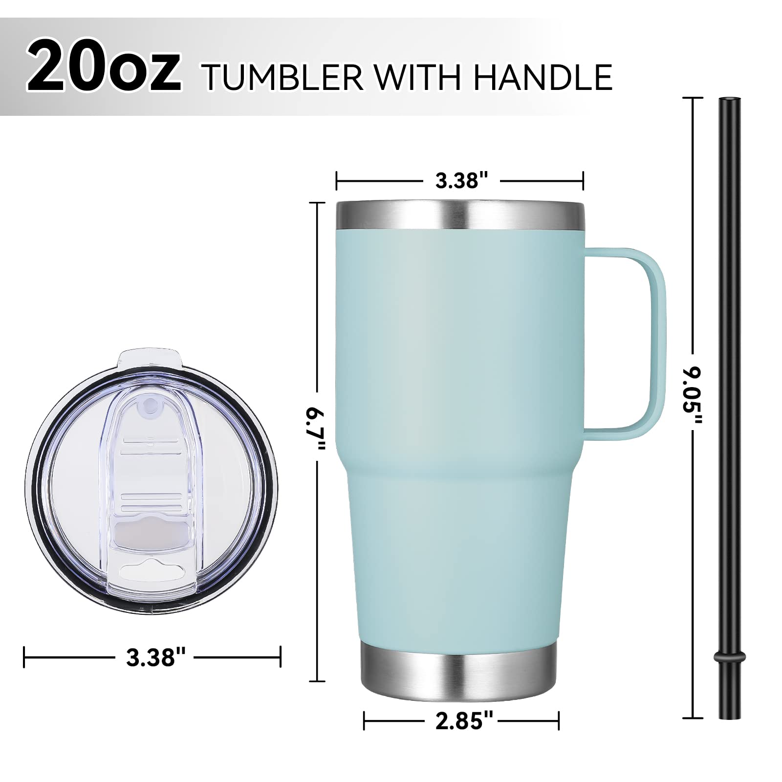 VEGOND Trinkbecher mit Griff, Deckel und Strohhalm, Edelstahl, isoliert, Reise-Kaffeebecher-Set, auslaufsicher, doppelwandig, Metallbecher, Mintgrün, 6 Stück