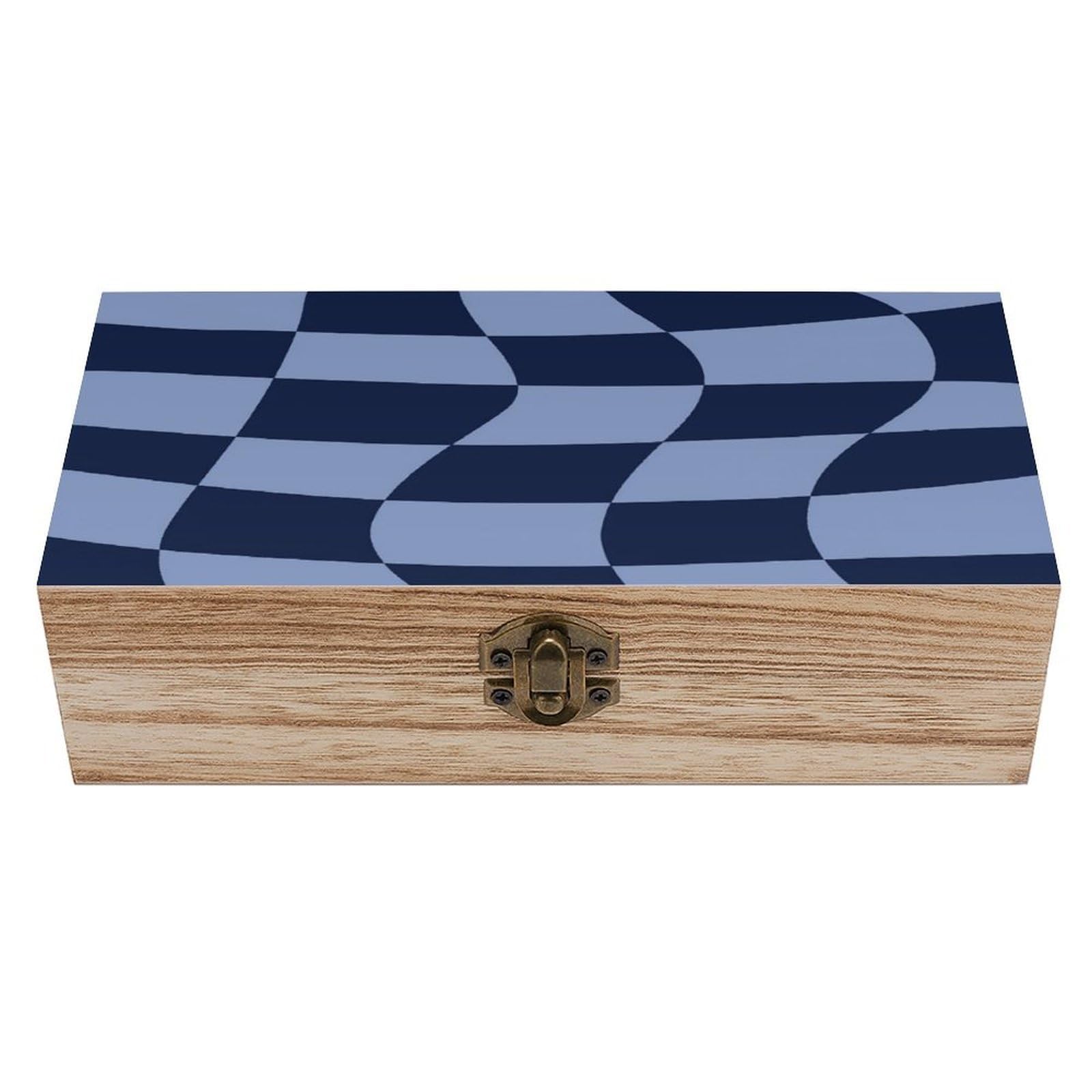 HLBSDM Wavy Checkerboard Blue Vintage Wooden Keepsake Box with Hinged Lid And Locking Clasp, Decorative Storage Box for Jewelry, Trinkets And Small Accessories, Organizer for Home Or Wedding