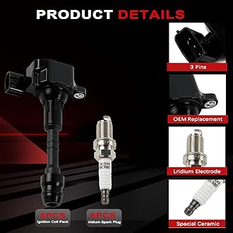 UF349 Ignition Coil Iridium Spark Plugs Set of 6 Fits for Altima Frontier Murano Pathfinder Quest Xterra I35 QX4 Equator Replaces 224488J11C, 3340082Z10, 224488J111