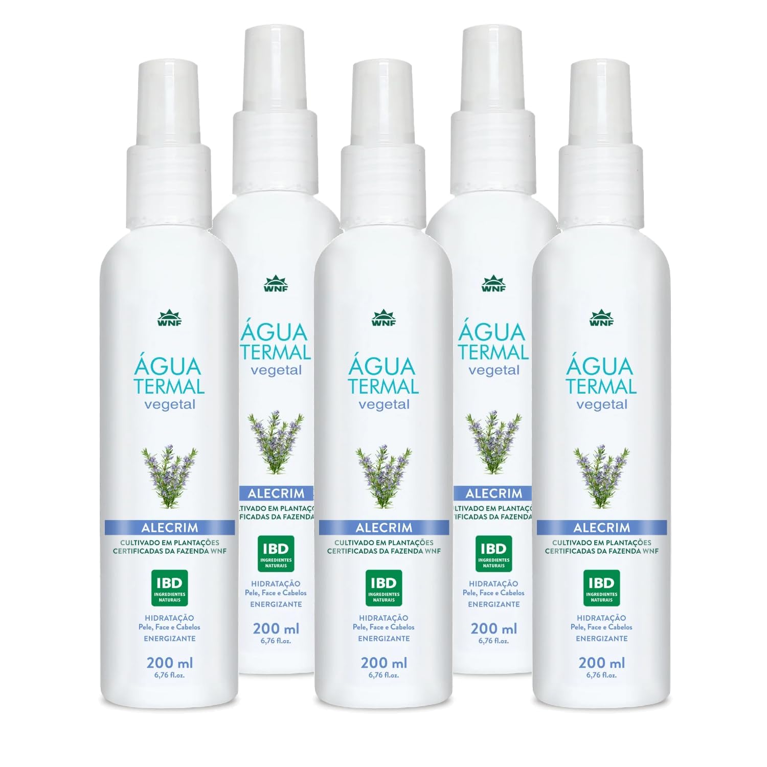 Kit com 5 Água Termal Vegetal de Alecrim, 200ml, Hidratante e Energizante para Pele e