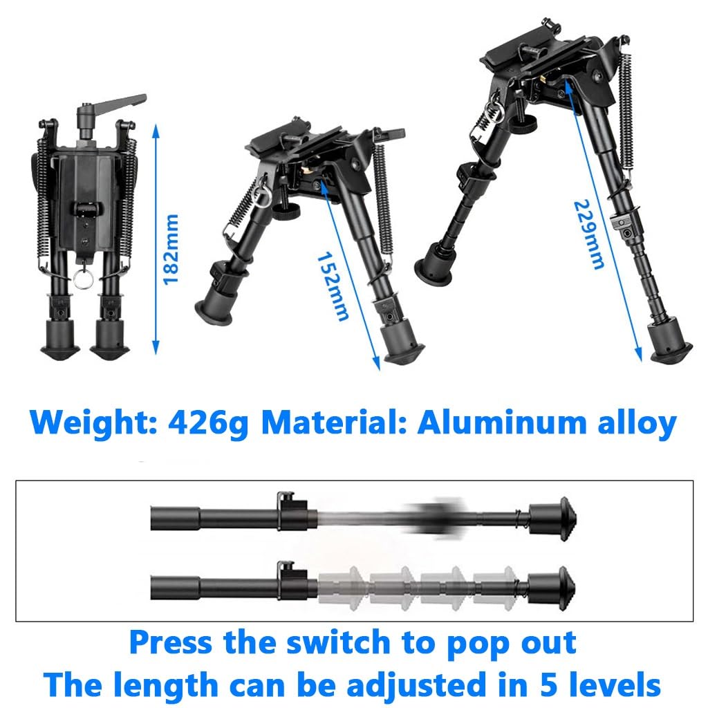 6-9 Zoll Verstellbares, Hochleichtes Taktisches Schwenk-Zweibein Aus Aluminiumlegierung, Faltbare Gekerbte Beine, Schwenk-Neigung for Die Jagd(Bipod)