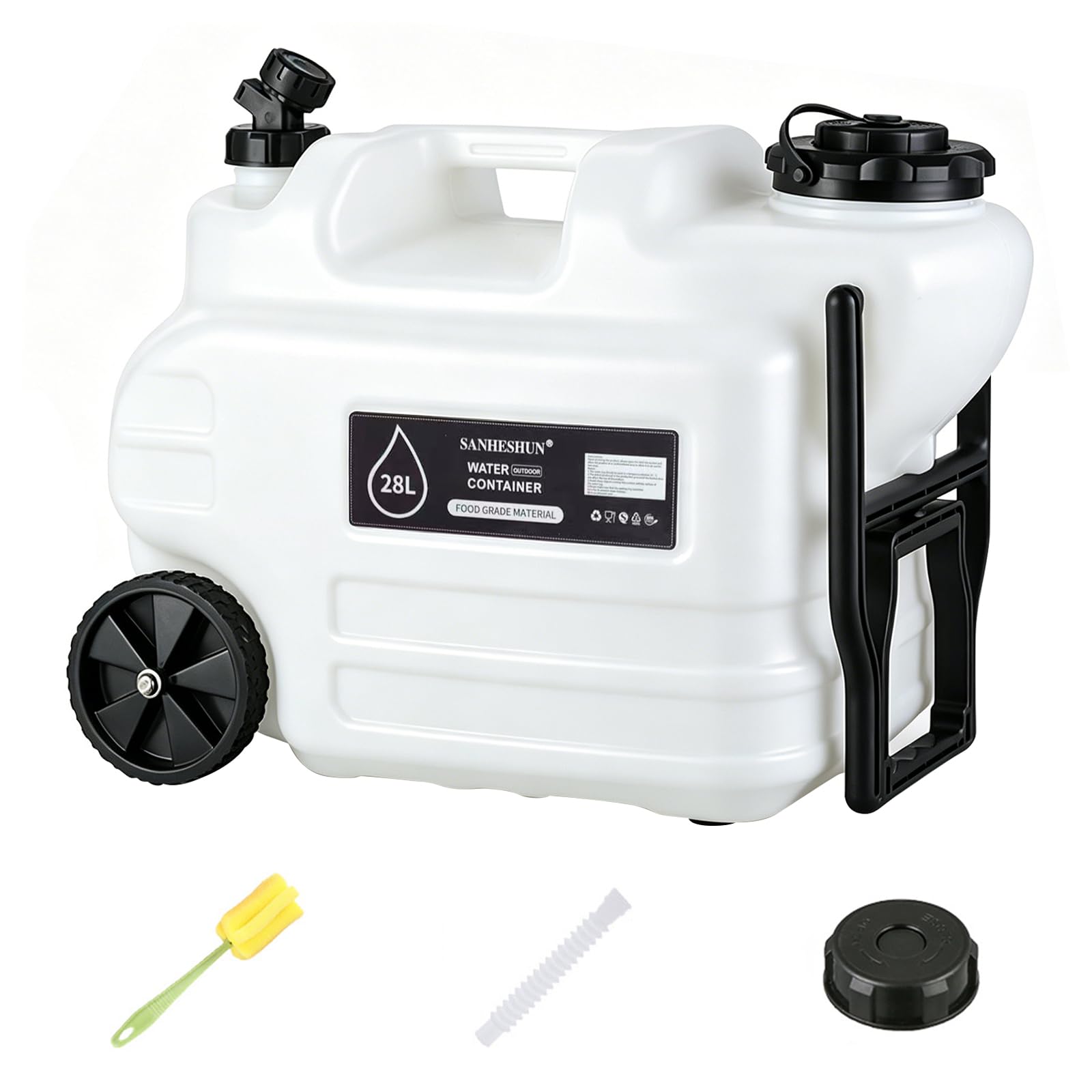 7.4 Gallon Water Jug, 28L Portable Water Container with Wheel & Pull Handl, Spigot, Cleaning Brush, Detachable Hose & Extra Lid, BPA-Free Camping Hydration Canteen, Outdoor Tank Storage PE - White