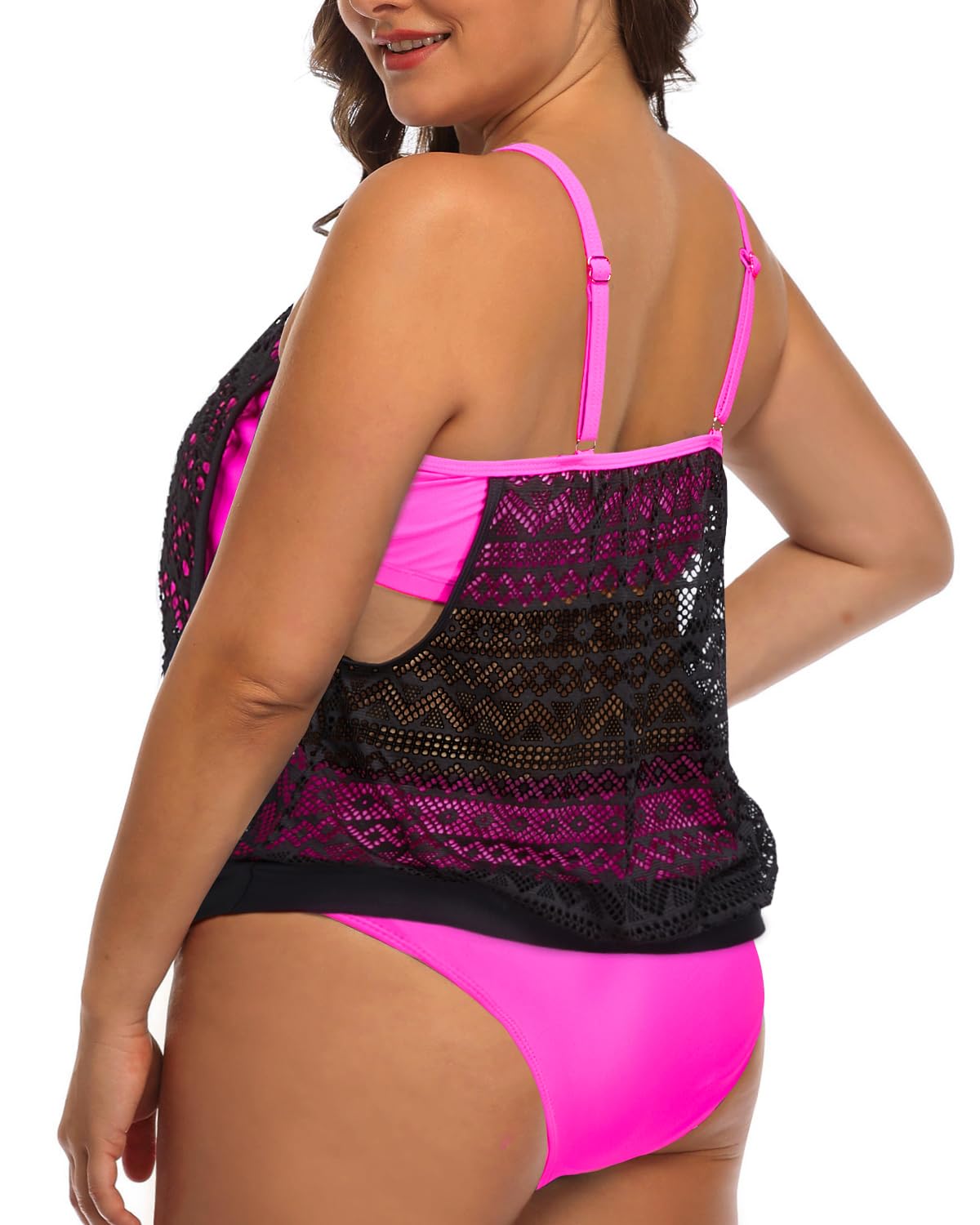 Daci Women Plus Size Tankini Swimsuit Two Piece Tummy Control Bathing Suit Blouson Tankini Top with Bottom Black and Pink 24 Plus