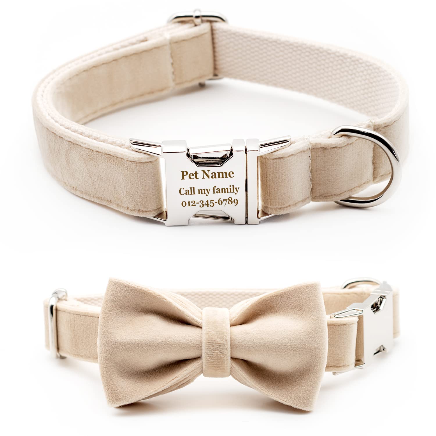 Personalized Dog Collar with Bowtie, Engraved Collar with Customized Text for Large Medium Small Dogs Think Velvet Style (Thick Light Beige Velvet)