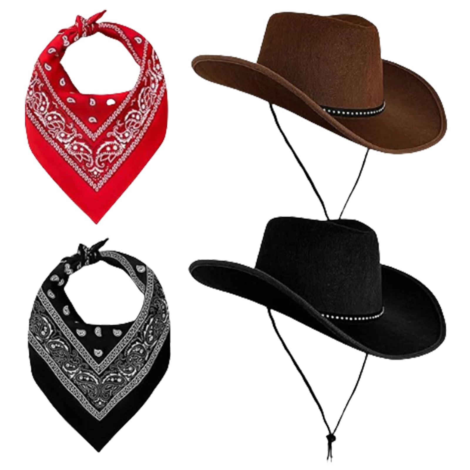 AWAVM Cowboy Hat Women, Felt Fluffy Feather Trim Cowgirl Hat,Wide Brim Fancy Dress Cowgirl Hats with Heart Glasses Bandana Scarf for Halloween Birthday Bachelorette Party (Brown+Black)