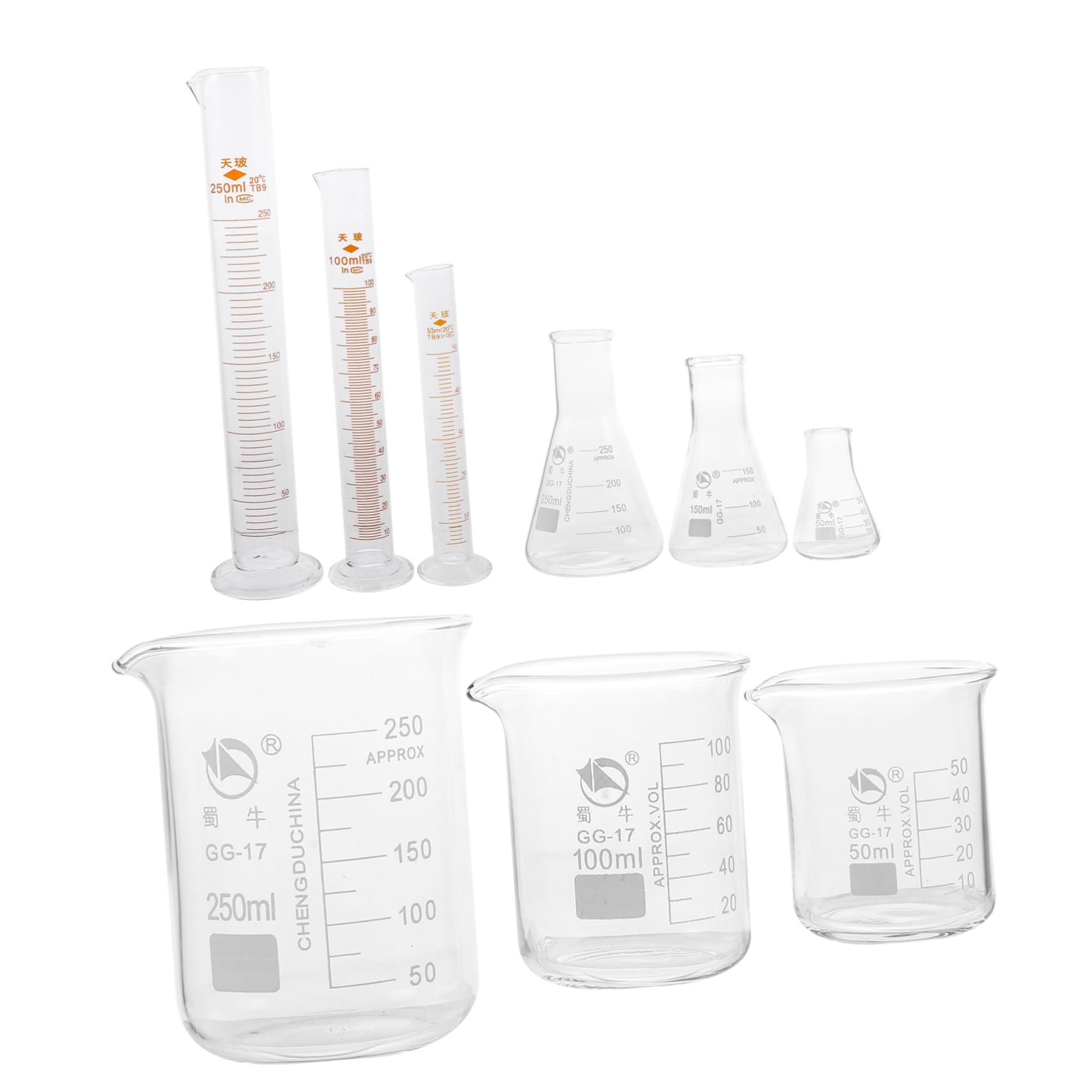 BEBEMOKO Glassware Laboratory Beakers Graduated Measuring Cylinders Conical Flasks for Science Experiments
