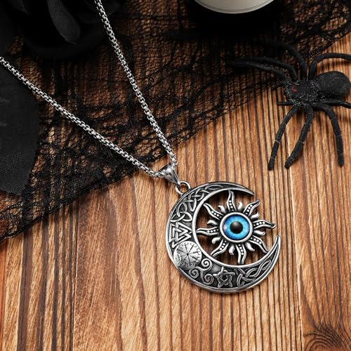 TURTLEDOVE Sun Moon Viking Necklace - Stainless Steel Evil Eye Crescent Moon Celtic Pendant - Lucky Amulet Moon Jewelry4