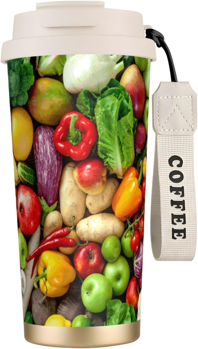 Fresh Fruits and Vegetables Print Leakproof Insulated Coffee Mug,Stainless Steel Dual Drink Travel Tumbler,17 OZ