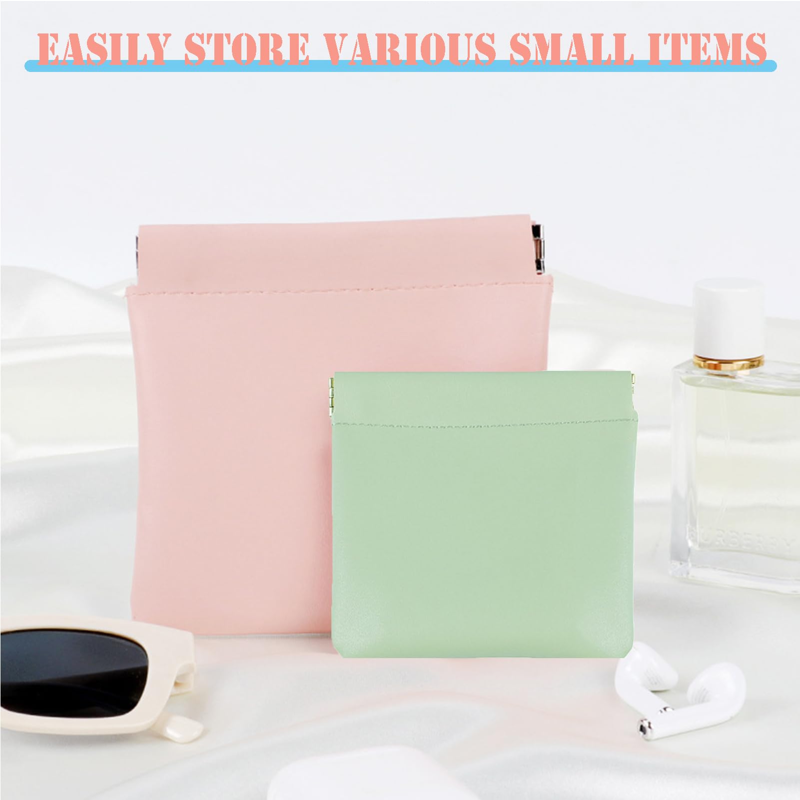 AJOJO 6 Pcs Lambskin Pocket Cosmetic Bags, Waterproof Portable No Zipper Self-Closing Cute Small Makeup Pouch for Women, Pu Leather Bag for Cosmetics Headphones Jewelry (6Pcs 6 Colors in 3 Sizes) 3