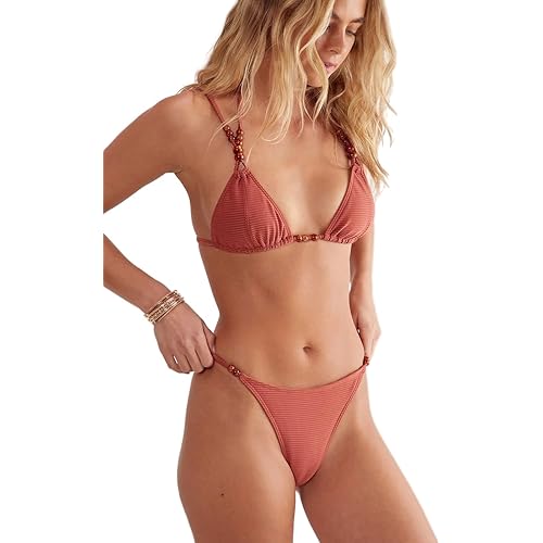 Women's Ribbed Double Strap Beaded Triangle Bikini Set