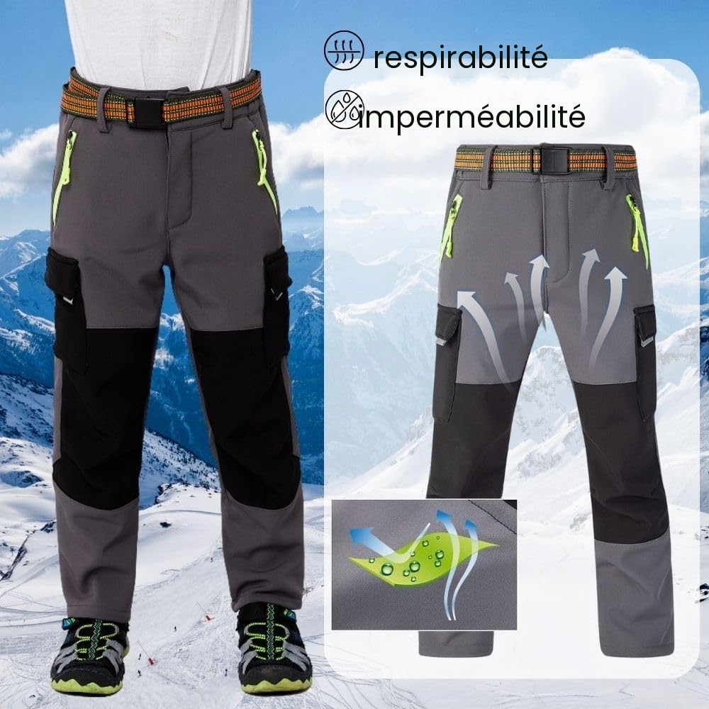 Pantalon thermique imperméable pour garçons et filles, pantalon de neige, pantalon d'extérieur d'hiver, pantalon cargo doublé, pantalon de ski softshell pour enfants