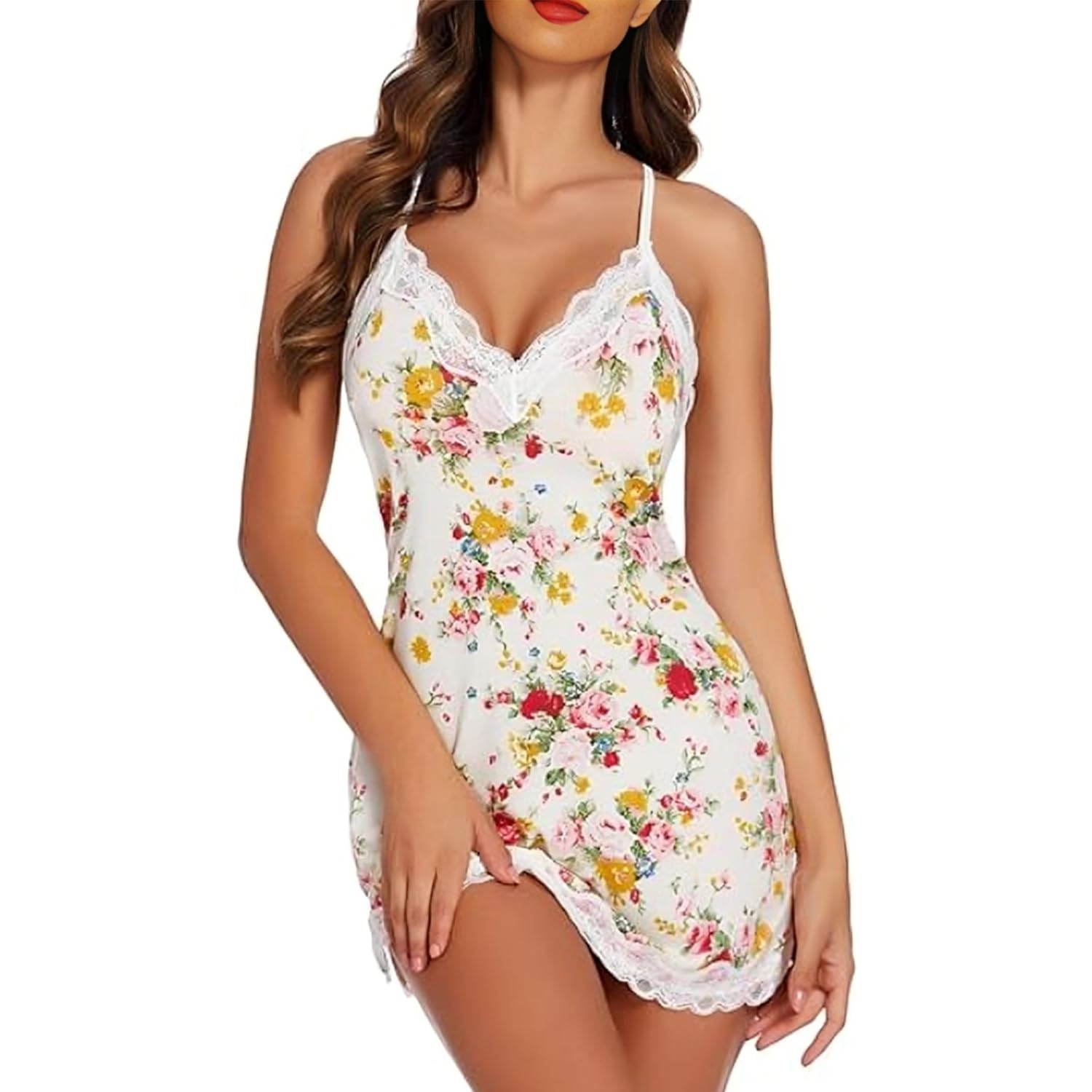 vaia Women's Lace-Trim Chemise Nightdress, Black with Red Lips Pattern, Spaghetti Strap Mini Slip Dress-picture-17