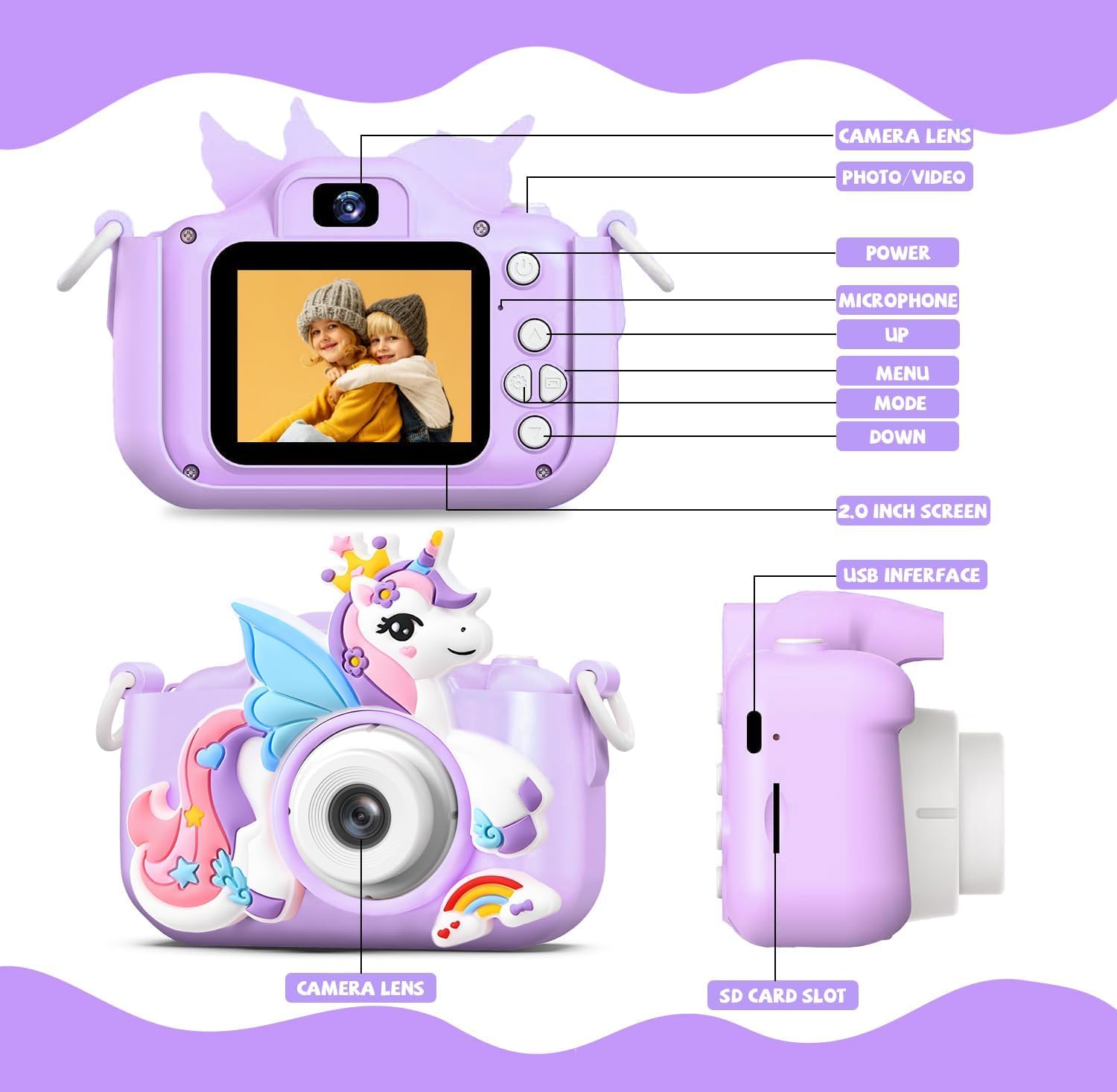 AiTechny Kids Camera Digital Camera for Age 3-8,1080P HD Video Selfie Toddler Camera with Soft Cover, Christmas Birthday Gifts for Kids - 32GB SD Card - Purple 1