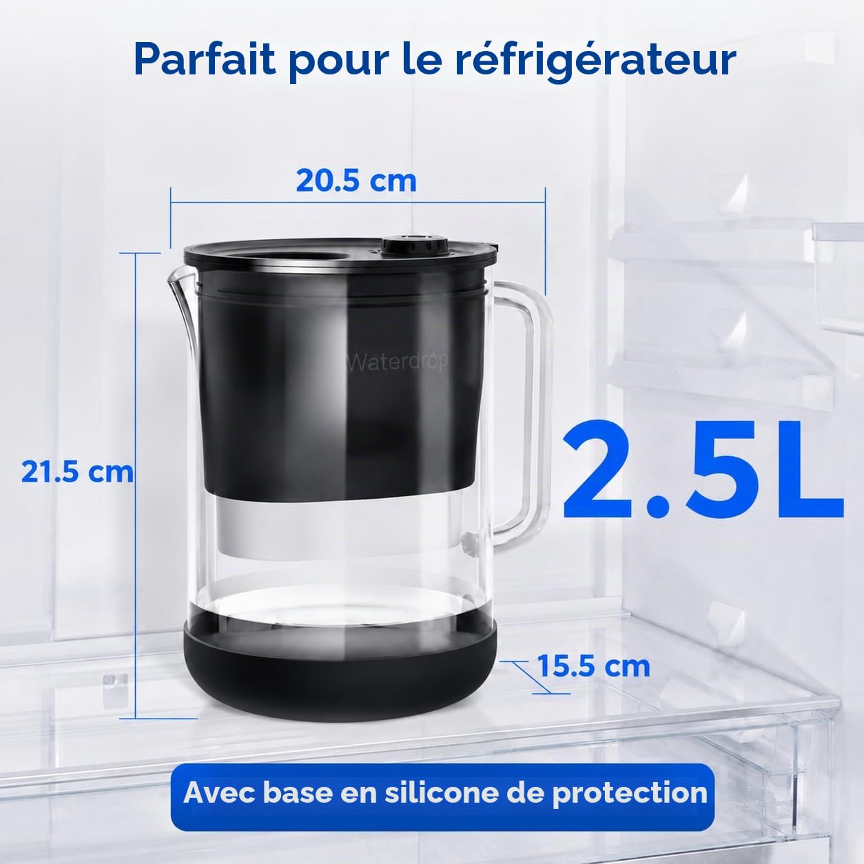 Waterdrop Carafe Filtrante en Verre de 2,5L avec Filtre de 2 Mois, Certifié NSF 53&42&372, Réduit les PFOA/SPFOS, Chlore, Cadmium, Cuivre, Mercure, WD-PT-72B