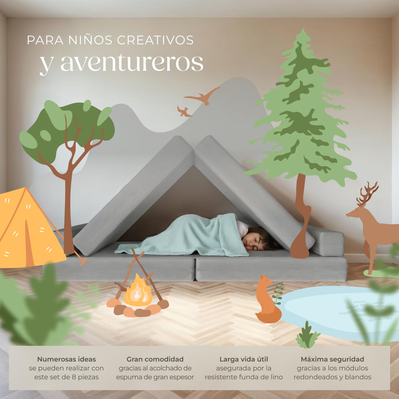 tectake® sofá Modular, 8 Piezas, apilable, Sillon Infantil con Fundas Desmontables, sofá Cama Plegable, Acolchado Grueso, Cama Infantil Plegable, sillón Cama - 120 cm Gris