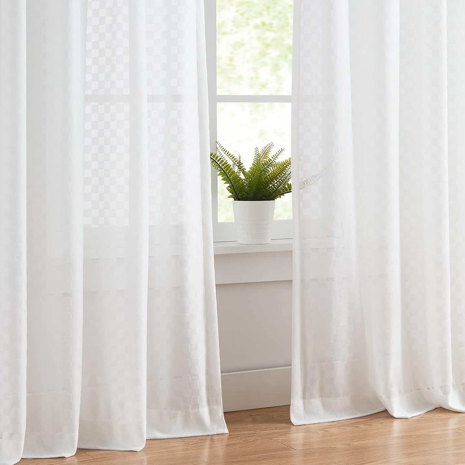 Melodieux Off White Gingham Sheer Curtains 84 Inches Long for Bedroom, Living Room Buffalo Check Plaid Light Filtering Rod Pocket Cotton Sheer Drapes, 54" W x 84" L (2 Panels)