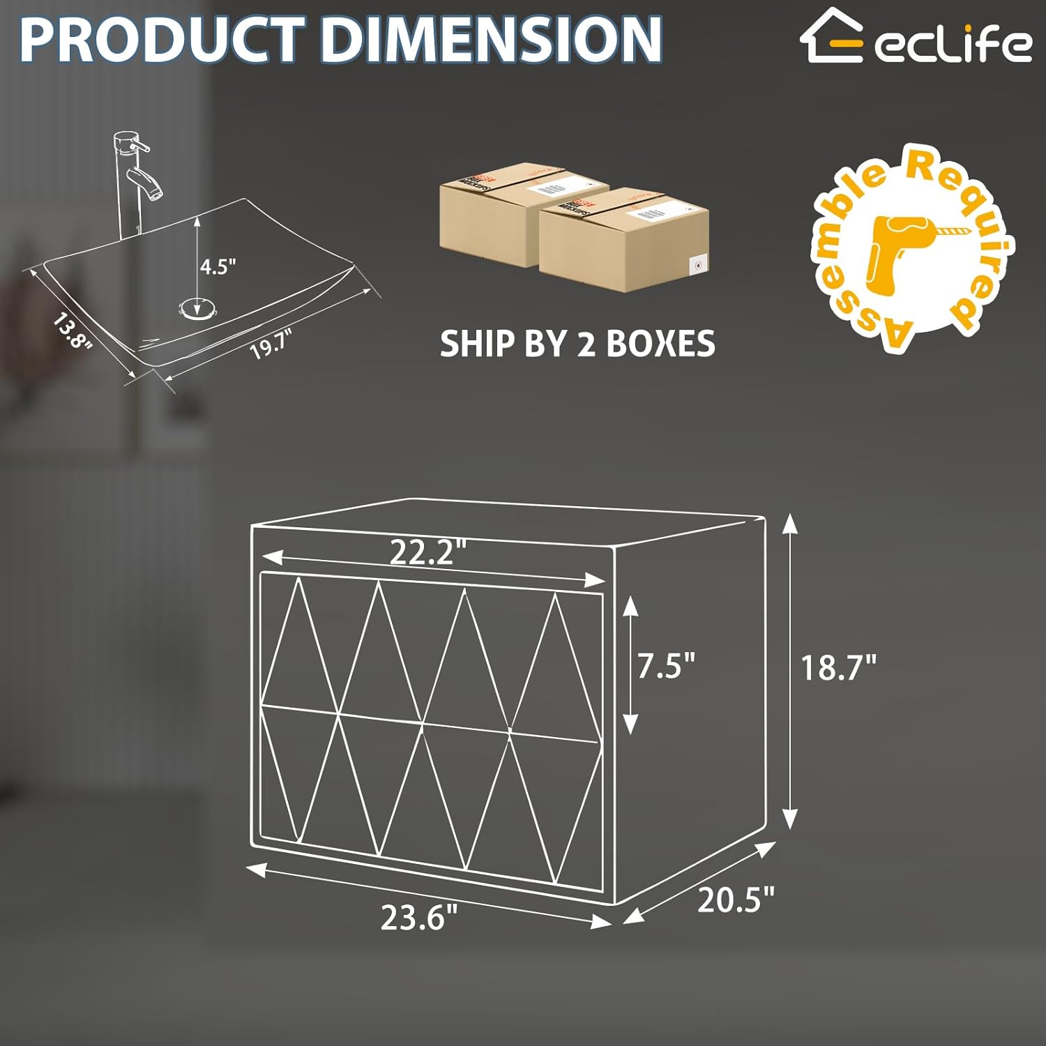 eclife 24" Floating Bathroom Vanities with Sink Combo, Wall Mounted Modern Cabinet W/Diamond Line Pattern Design, White Curved Ceramic Vessel Sink W/Water Save Faucet & Pop Up Drain, Black