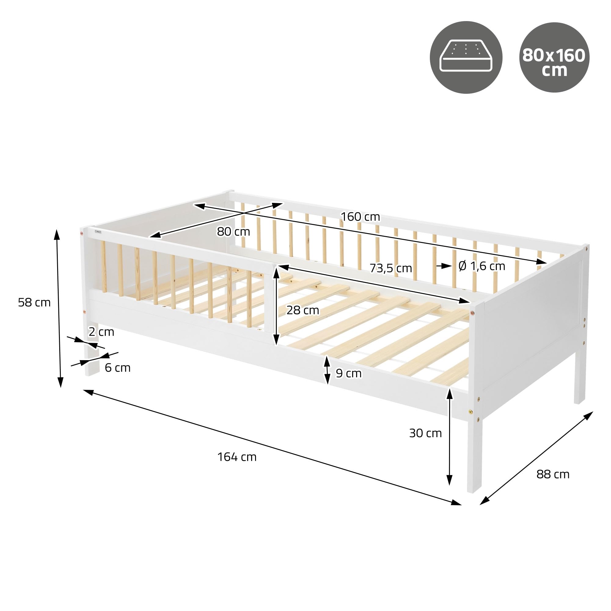 ML-Design Letto per Bambini e Bambine 80x160 cm Bianco-Naturale con Materasso Lettino Singolo in Legno Massiccio con Rete a Doghe e Protezione Anticaduta Letto per Giovani in Legno di Pino