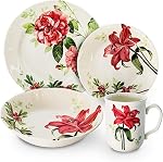 Tudor England Royal 12-Piece Porcelain Dinnerware Set for 4, Diana Rose Beige Floral Design, Dinner Plates, Salad Plates and Soup Bowls, Dishwasher and Microwave Safe