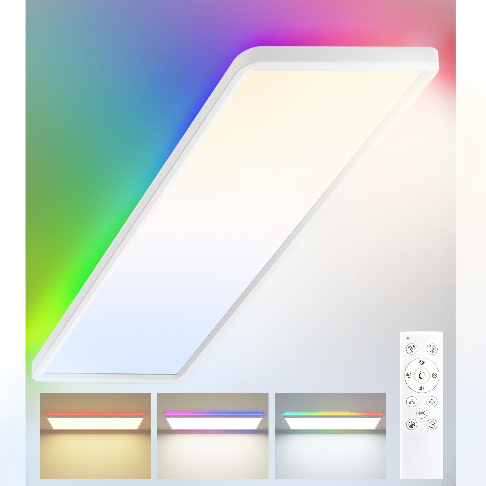Peasur LED Deckenleuchte Dimmbar 7 RGB Nachtlicht Panel Lampe Fernbedienung Timer Lang Backlight,32W 3500LM 3000K-6500K Lampen für Wohnzimmer Schlafzimmer Büro Badezimmer