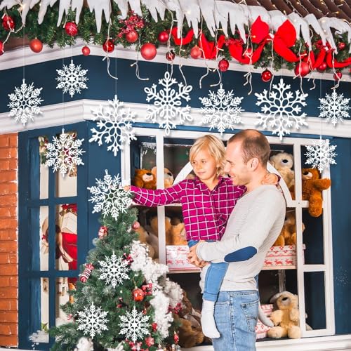 Image of 12pcs Large Christmas Hanging Snowflakes Decorations Outdoor - White Big Hanging Snowflake in Different Sizes for Winter Decoration Indoor Outdoor Christmas Tree Holiday Decor