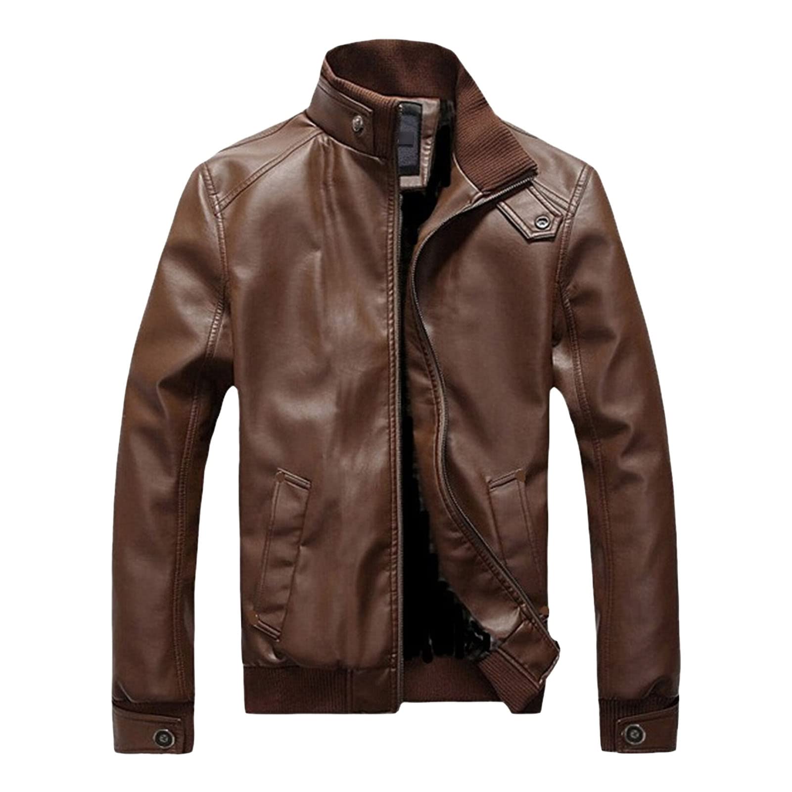 Maiyifu-GJ Men's Slim Motorcycle Jacket Faux Leather Zip Up Windproof Moto Coat Stand Collar Vintage Bomber Windbreaker (Brown,3X-Large)