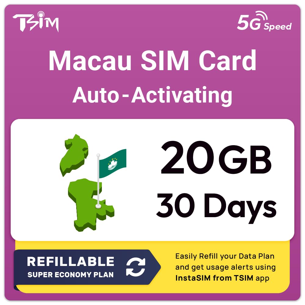 Macau SIM Card | 20GB Super Economy Refillable Plan! Auto Activating 30 Day Validity | 5G Speed + Hotspot | Data-Only No Phone Number