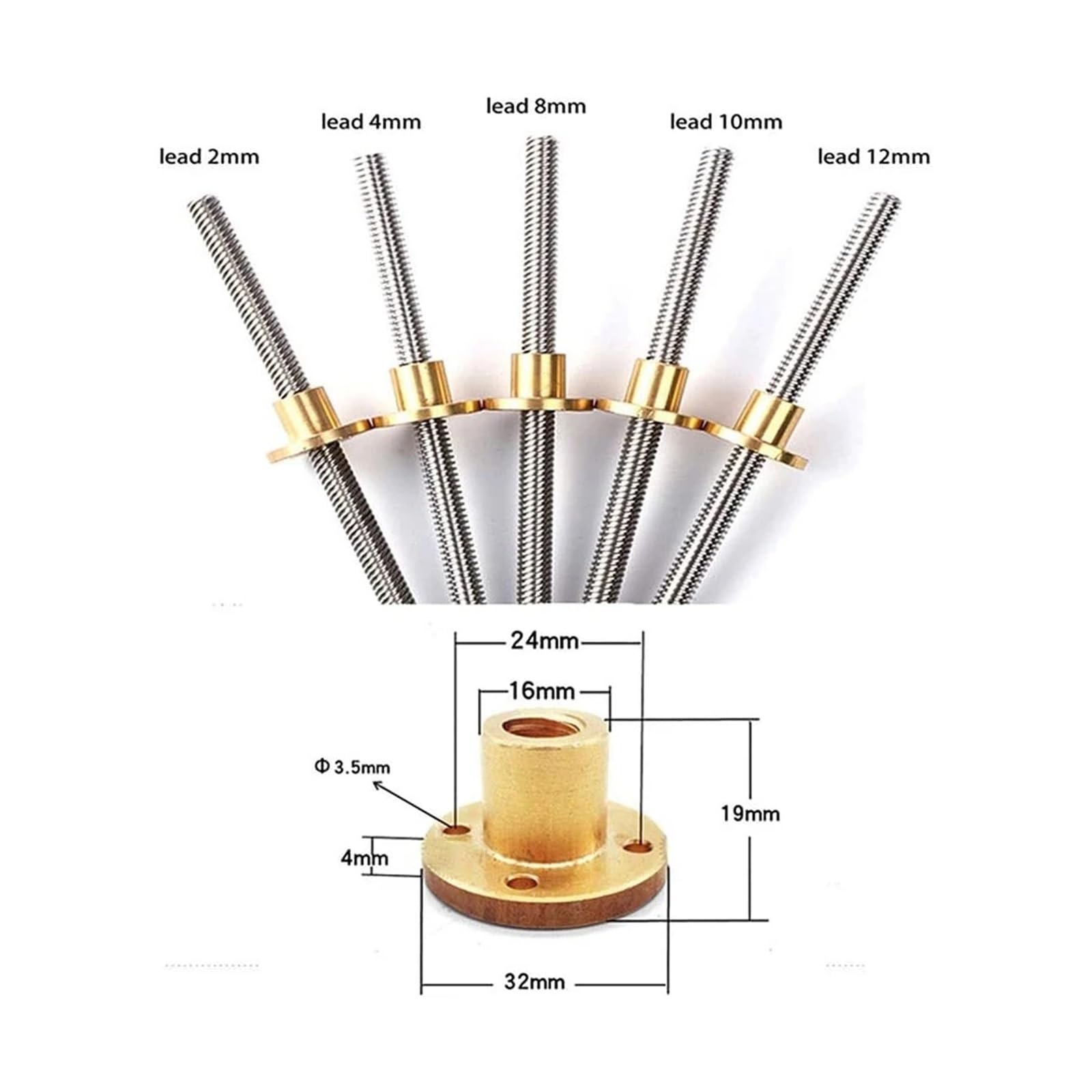 Metal Ball Screw nut T10 Lead Screw Trapezoidal Screw Brass Nut Pitch 2mm Lead 12mm 3D Printer Trapezoidal Rod 100mm-550mm(150mm)