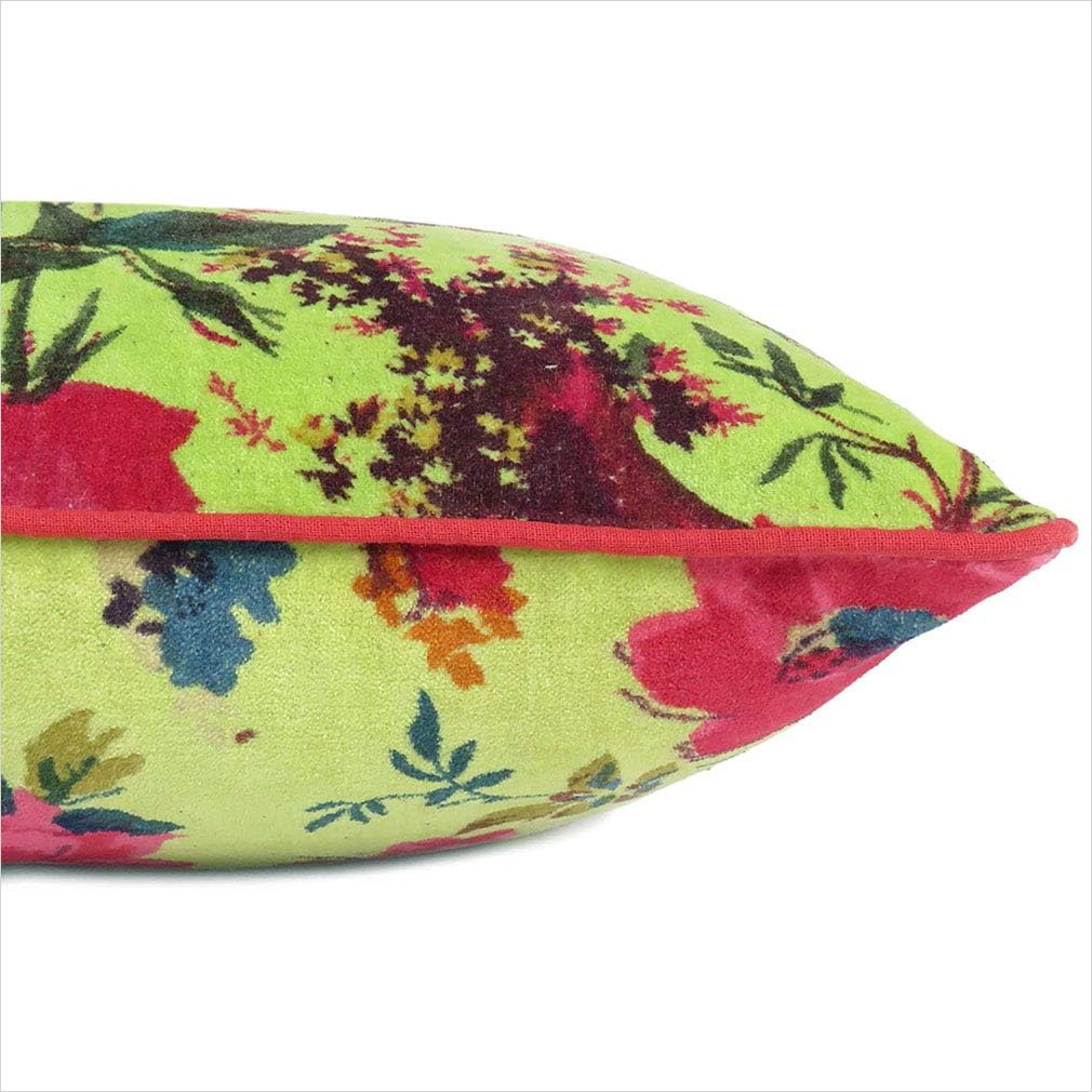 Eyes of India Velvet Floral Flower Bird Throw Pillow Sofa Cushion Cover Case Couch Colorful Boho Chic Bohemian Accent Indian Handmade (Light Green, 16" x 16")