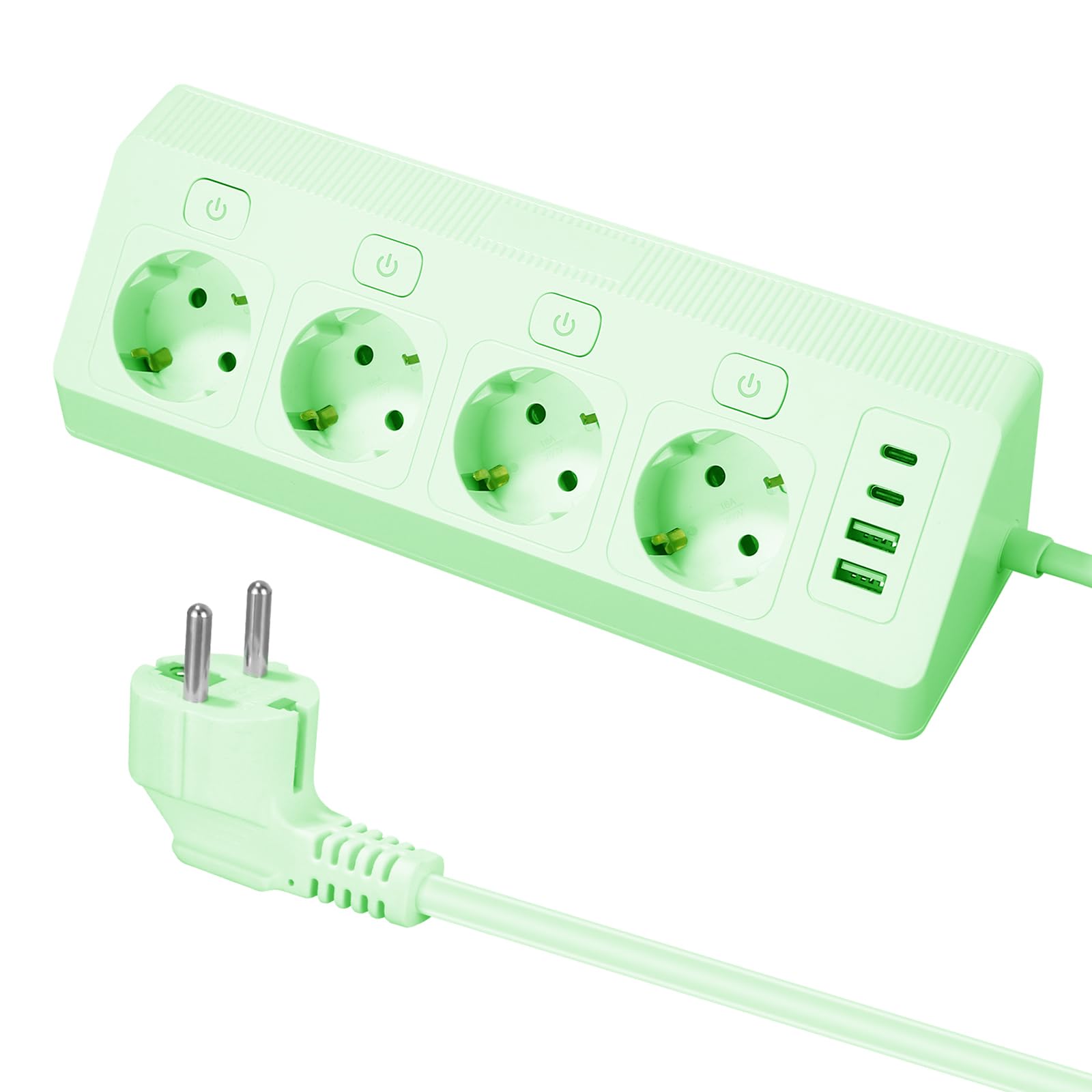 Listwa zasilająca z 4 gniazdami wtykowymi z wejściem USB, listwa zasilająca z 2 USB i 2 typami C, ochrona przeciwprzepięciowa 8 w 1, z kablem 2 m, do smartfonów, tabletów, domu, kolor żółty