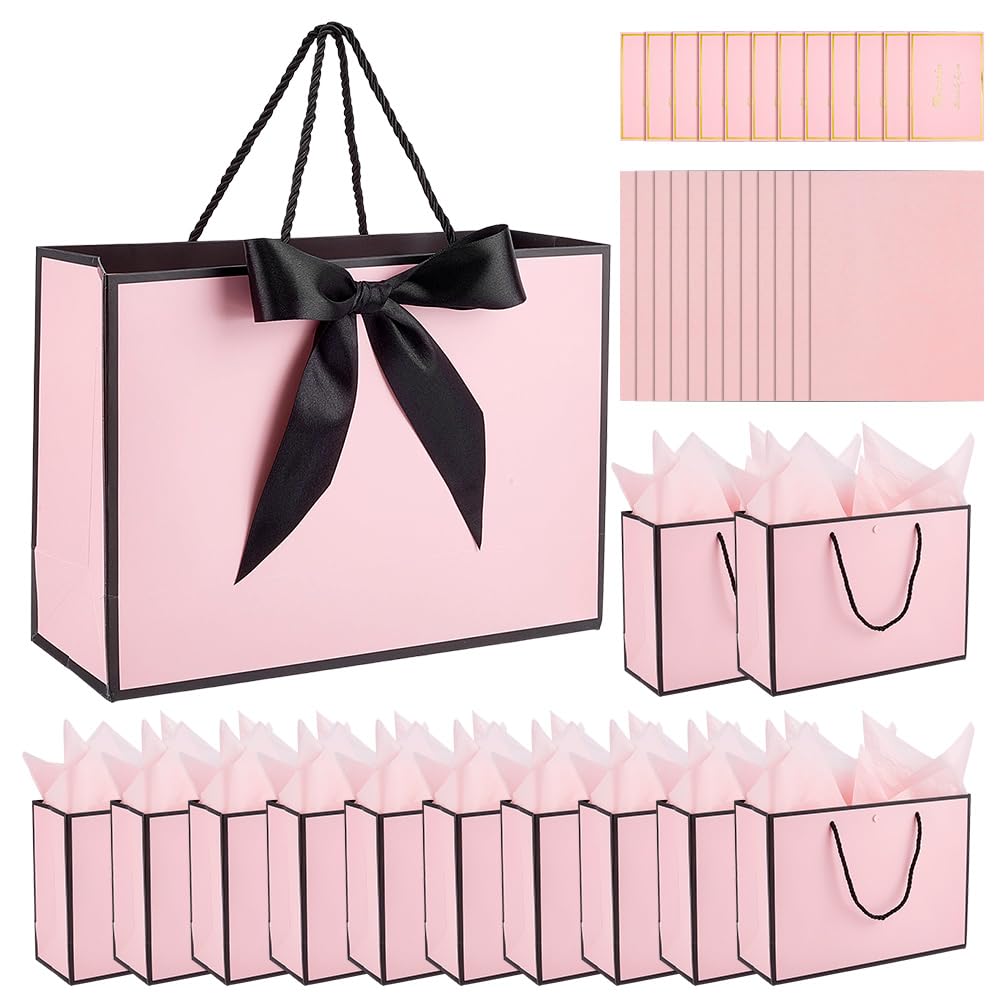 NBEADS 12 Sets Gift Bag with Bow Ribbon, Paper Flower Gift Bags with Handles, Includes Tissue Papers Cards Bouquet Wrapping Bags for Wedding Birthday Bridesmaid Party, 10x28x20cm, Pink