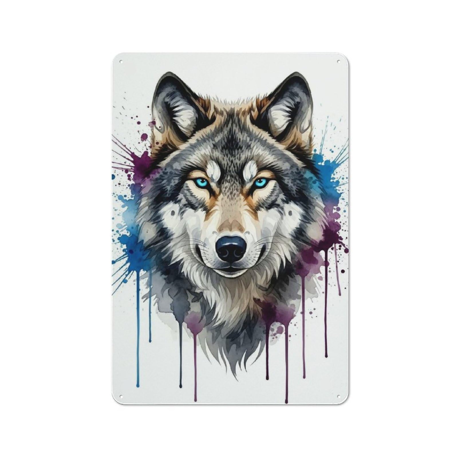 Junmoney Style-10 Watercolor Wolf Portrait With Splashes Metal Wall Sign 30X20cm, Rustic Decor For Workshop Wall, For Vintage Wall Decor Fans, For Themed Room Decoration