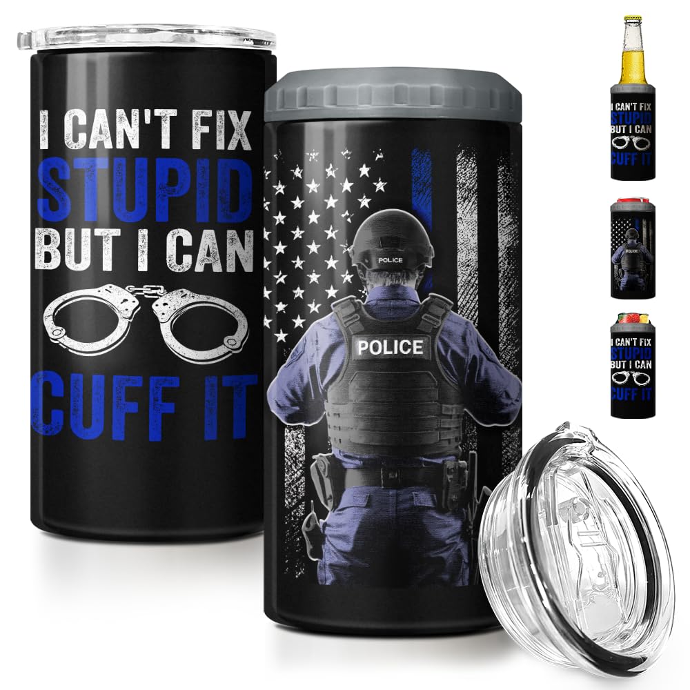 SANDJEST Police Tumbler American Policeman 4 in 1 12oz Tumbler Can Cooler Coozie Skinny Stainless Steel Tumbler Gift for Police Man Dad Father Boy
