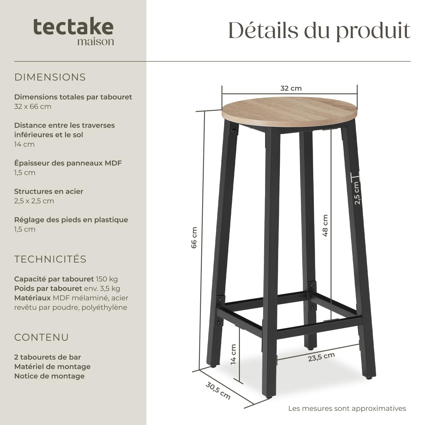 tectake® Tabouret de Bar, Ø 32 x 66 cm, Lot de 2 Tabouret Bar Style Industriel, Chaises Hautes avec Repose Pied Chaise Mange Debout Tabourets Cuisine Salle à Manger Chaise ilot Central, Bois Clair
