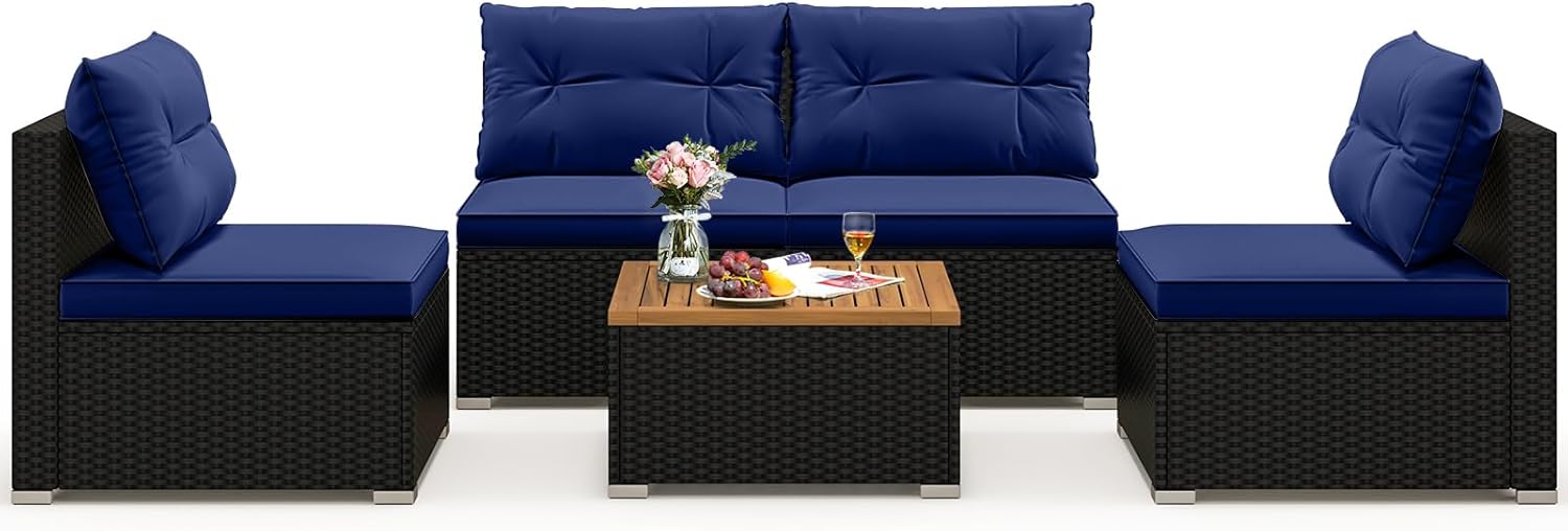 Tangkula 5 Piece Rattan Sofa Set, Outdoor Wicker Furniture Set w/Seat & Back Cushions, Square Coffee Table, Patio Sofa Set for Backyard, Poolside (Navy)